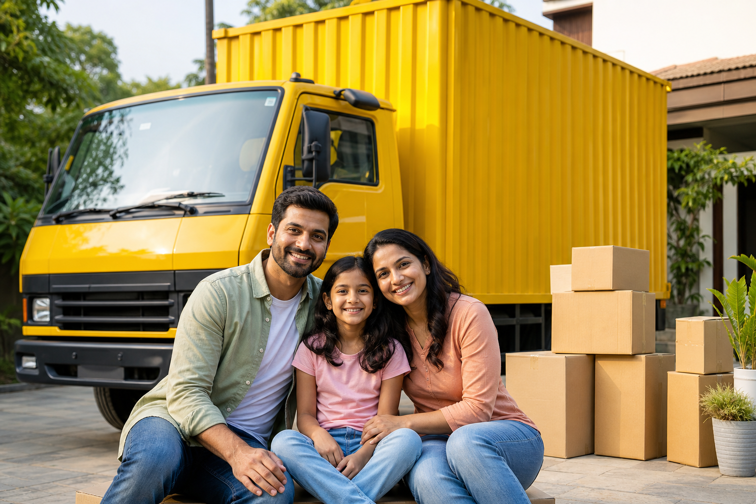 Happy family with Blue Star Relocation moving truck